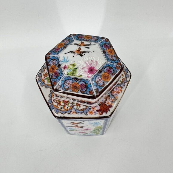 Hexagon Asian Handpainted Ceramic Ginger Tea Jar Mid Century Modern Birds MCM - Picture 3 of 9